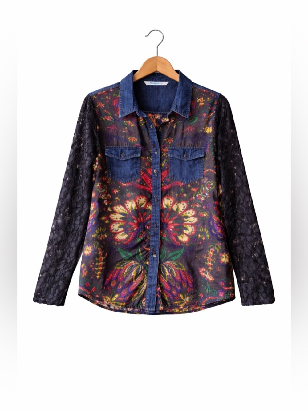 Desigual Floral Lace Button Down Shirt Size L Multicolor Boho Artsy Long Sleeve